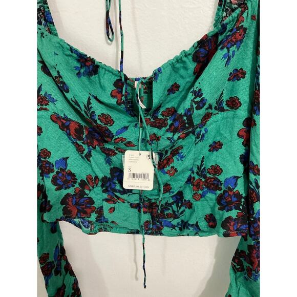 NWT Free People Crop Top Size Small Floral Blouse Puff Sleeve $98 Tie Back Green - Picture 5 of 10